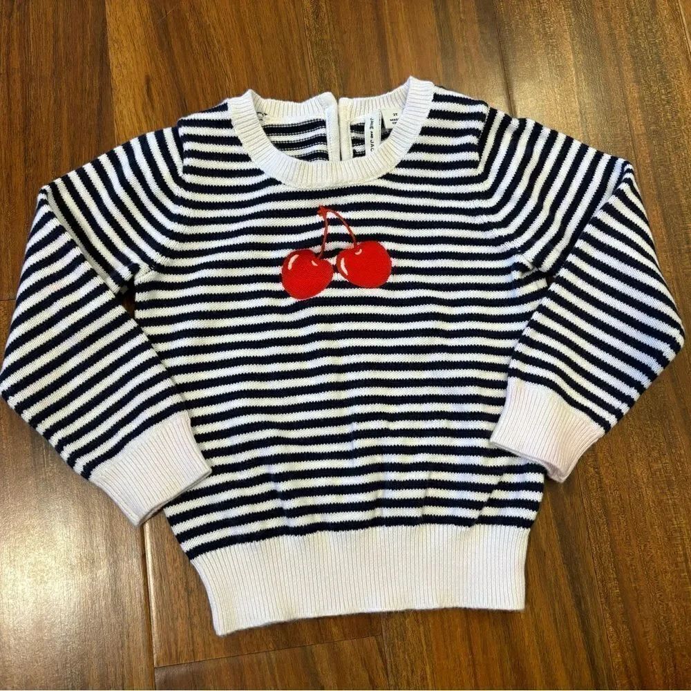 Janie & Jack white/navy stripe embroidered cherries sweater